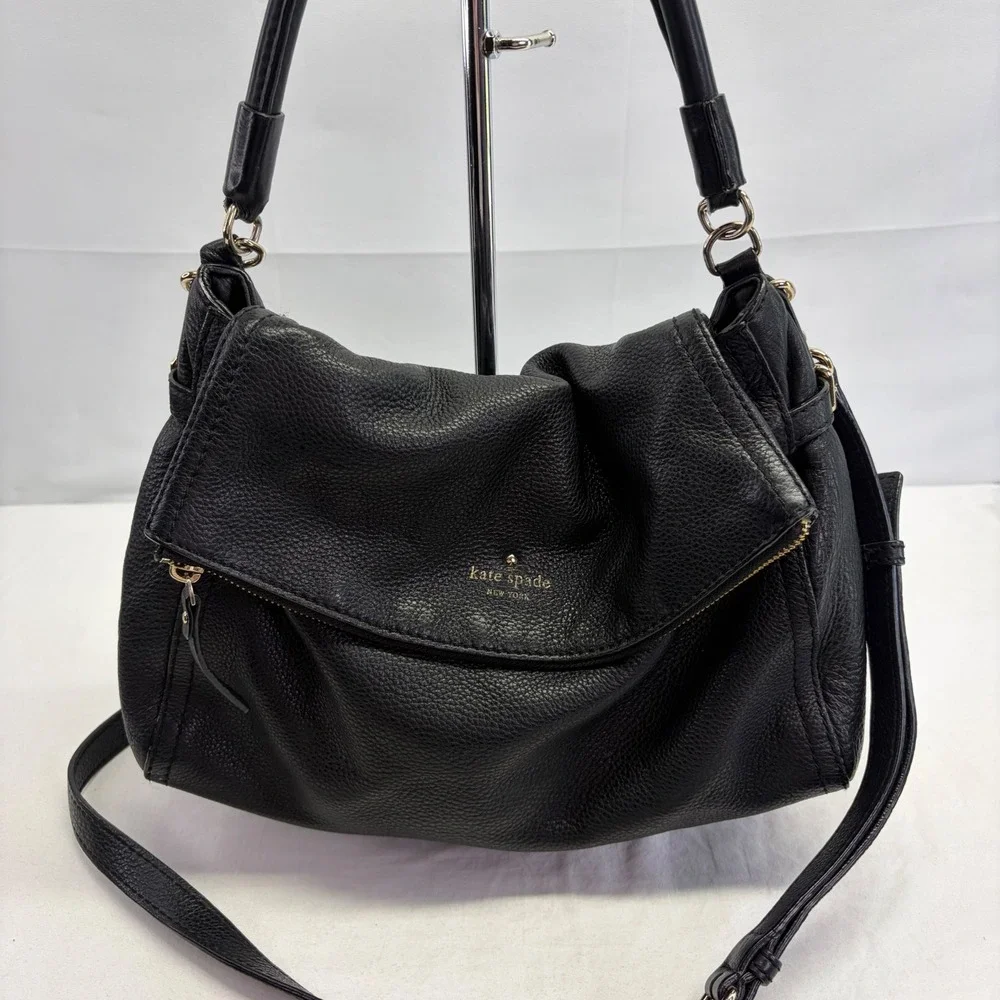 Kate Spade Crossbody Bag Medium Black Pebbled Leather Foldover Satchel Slouchy